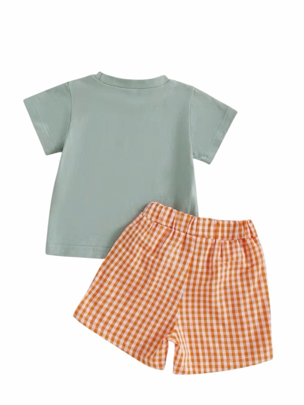 ๐ Pumpkin Applique Shorts Set in Sage Green & Orange Gingham NWT - Picture 3 of 6